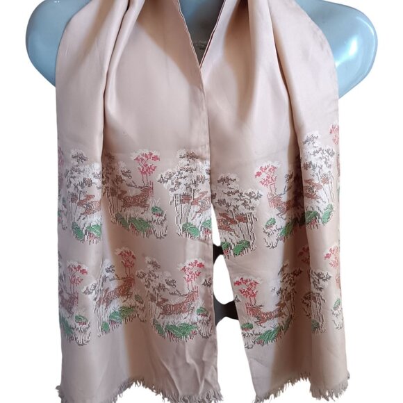 Vintage Men's Scarf 1940's Rayon Fringed Beau Brummel Petit Point Stag Deer 52" - Picture 2 of 12